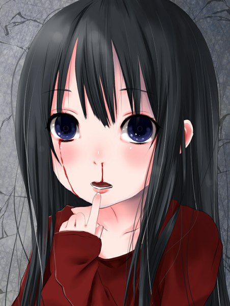 Anime picture 759x1008 with original rima (rimarip) single long hair tall image blush fringe open mouth blue eyes black hair grey background shiny skin portrait looking up hand on face bleeding nosebleed girl blood t-shirt