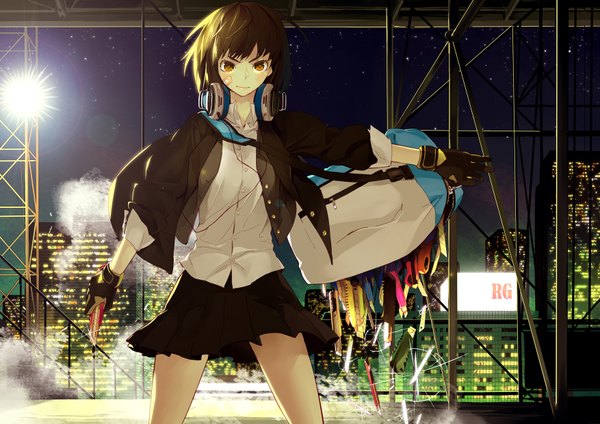 Anime picture 1754x1240 with original rozer highres short hair brown hair yellow eyes night city city lights girl skirt gloves miniskirt shirt headphones building (buildings) bag knife bandaid boxcutter