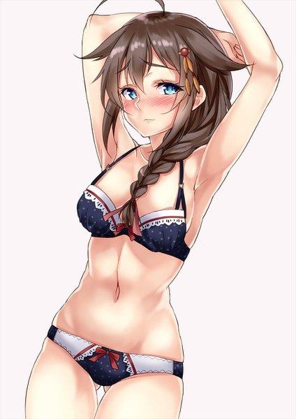 Anime picture 868x1228 with kantai collection shigure destroyer marisasu (marisa0904) single long hair tall image looking at viewer blush fringe breasts blue eyes light erotic simple background hair between eyes brown hair ahoge braid (braids) arms up armpit (armpits) midriff