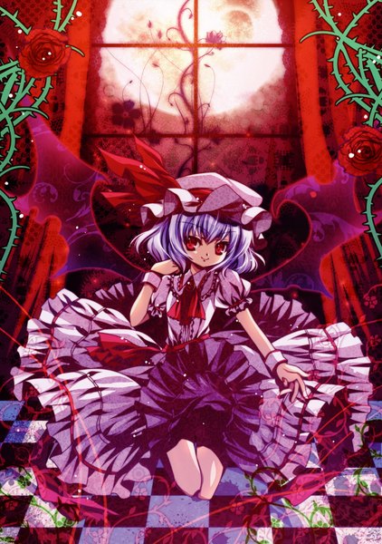 Anime picture 2871x4080 with touhou remilia scarlet capura lin tall image highres short hair smile red eyes purple hair kneeling checkered floor bat wings girl flower (flowers) rose (roses) bonnet red rose
