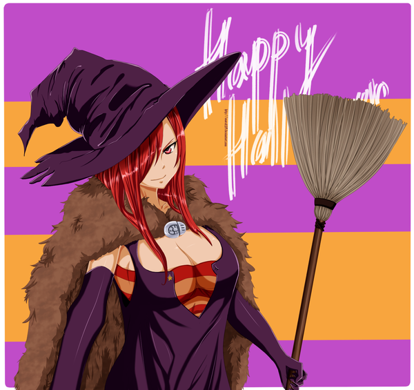Anime picture 1650x1554 with fairy tail erza scarlet enara123 single long hair fringe light erotic red eyes red hair hair over one eye coloring striped halloween framed striped background happy halloween girl dress gloves elbow gloves