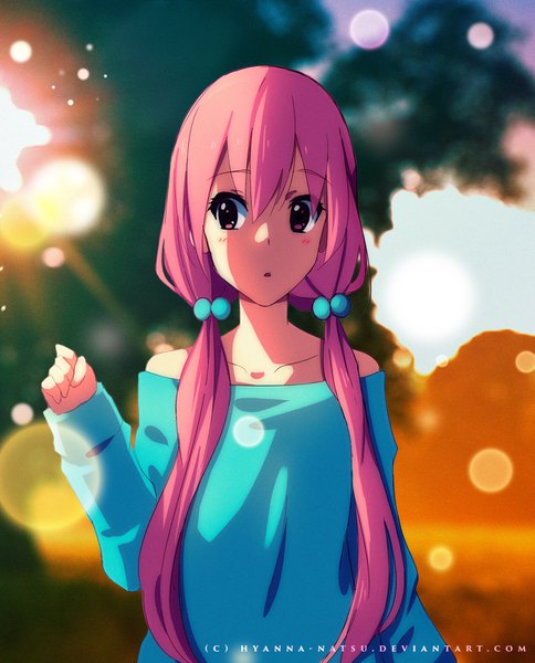 Anime picture 1291x1600 with original hyanna-natsu single long hair tall image blush fringe hair between eyes twintails bare shoulders brown eyes looking away pink hair upper body arm up blurry off shoulder :o low twintails shaded face