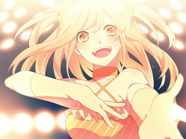 Anime picture 1000x750 with original achiki single looking at viewer blush short hair open mouth blonde hair twintails bare shoulders yellow eyes girl dress gloves elbow gloves
