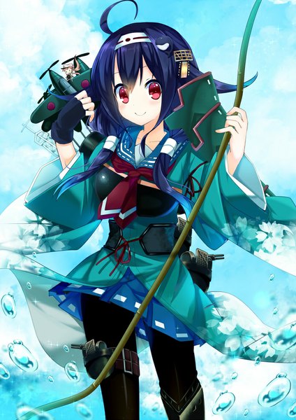Anime picture 707x1000 with kantai collection taigei light aircraft carrier ryuuhou seaplane tender nyori long hair tall image looking at viewer blush smile purple eyes twintails blue hair ahoge traditional clothes pleated skirt low twintails minigirl girl skirt gloves