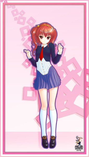 Anime picture 600x1050 with evilflesh (artist) single long hair tall image looking at viewer red eyes red hair light smile girl uniform school uniform socks necktie white socks