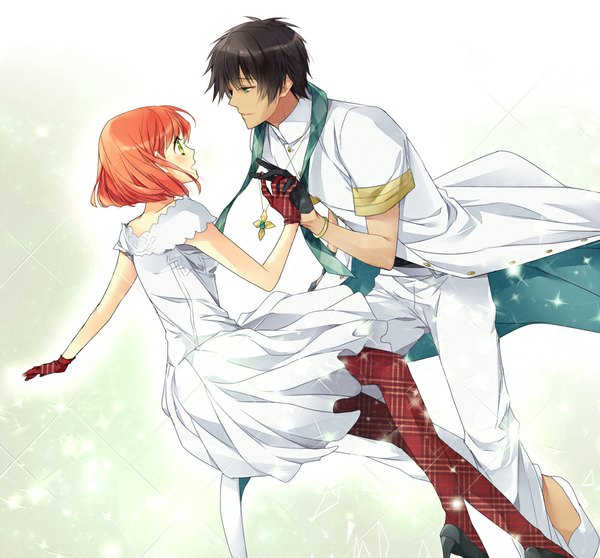 Anime picture 1000x931 with uta no prince-sama a-1 pictures nanami haruka (uta no prince-sama) aijima cecil icylove (artist) blush short hair open mouth black hair simple background brown hair green eyes yellow eyes profile orange hair sleeveless couple holding hands face to face plaid