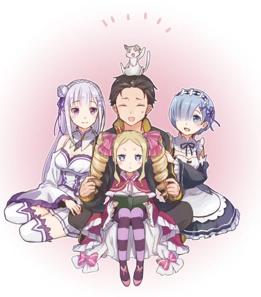 Anime picture 750x853 with re:zero kara hajimeru isekai seikatsu white fox rem (re:zero) emilia (re:zero) natsuki subaru puck (re:zero) beatrice (re:zero) shake sawa long hair tall image looking at viewer blush fringe short hair open mouth blue eyes simple background blonde hair smile brown hair