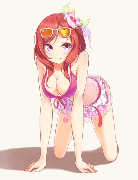 Anime picture 1000x1300 with love live! school idol project sunrise (studio) love live! nishikino maki pachi (sugiyama0306) single long hair tall image blush fringe breasts light erotic smile looking away red hair hair flower on all fours sunglasses on head girl hair ornament