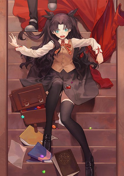 Anime picture 668x945 with fate (series) toosaka rin archer (fate) yuukaku long hair tall image open mouth light erotic black hair twintails arm up aqua eyes wavy hair girl thighhighs boy skirt uniform ribbon (ribbons) black thighhighs