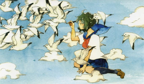 Anime picture 2183x1277 with pixiv girls collection 2010 highres short hair black hair wide image sitting sky cloud (clouds) profile grey hair girl uniform school uniform animal bird (birds) pencil seagull
