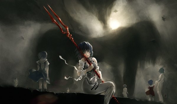 Anime picture 1000x591 with neon genesis evangelion rebuild of evangelion evangelion: 2.0 you can (not) advance gainax ayanami rei archlich short hair wide image purple hair eyes closed dual persona multiple persona giant girl wings bandage (bandages) spear pilot suit polearm lance of longinus (evangelion)