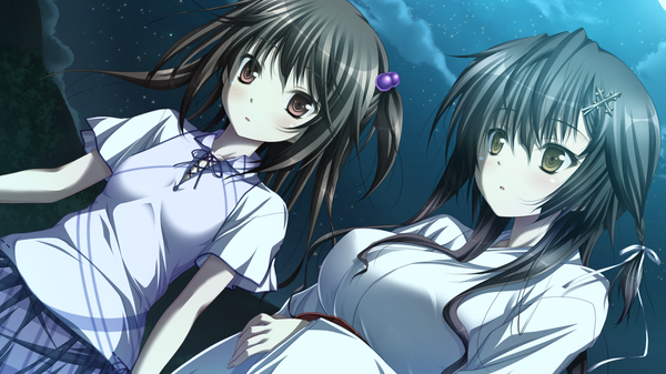 Anime picture 1280x720 with amatsutsumi purple software asahina kyouko (amatsutsumi) long hair black hair wide image multiple girls brown eyes looking away game cg traditional clothes japanese clothes night miko girl 2 girls