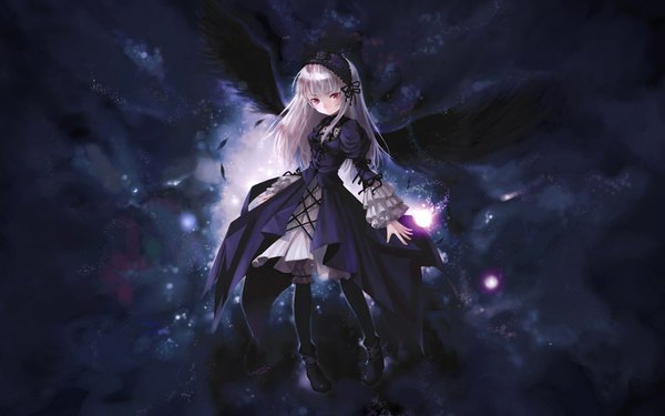Anime picture 1920x1200 with rozen maiden suigintou kishida mel single highres wide image white hair pink eyes shadow black wings goth-loli angel cropped girl dress wings bonnet suit