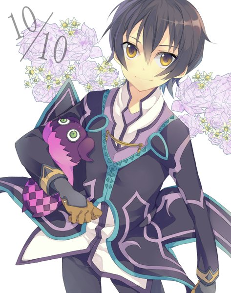 Anime picture 1184x1500 with tales of (series) tales of xillia jude mathis yamaoka (rm nun) single tall image short hair black hair simple background white background yellow eyes light smile inscription rhombus boy gloves flower (flowers) rose (roses) toy