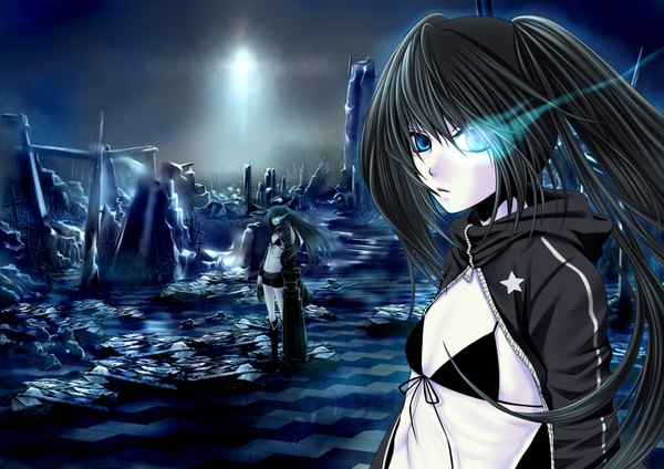 Anime picture 3508x2480 with black rock shooter black rock shooter (character) long hair highres blue eyes black hair absurdres glowing glowing eye (eyes) pale skin ruins girl weapon jacket shorts boots bikini top