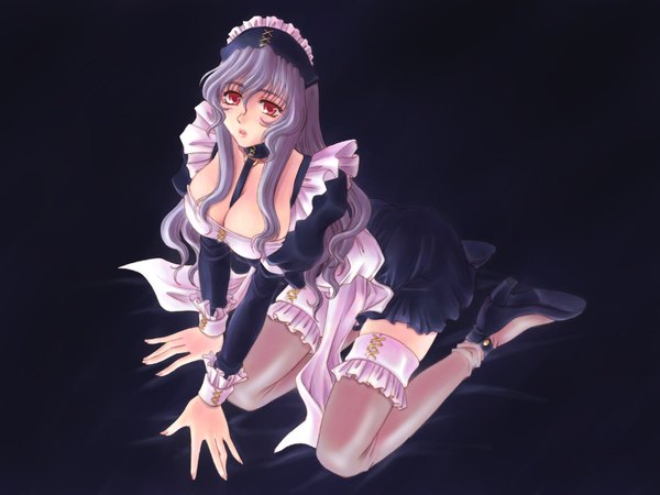Anime picture 1024x768 with breasts light erotic maid thighhighs choker garter (garters)