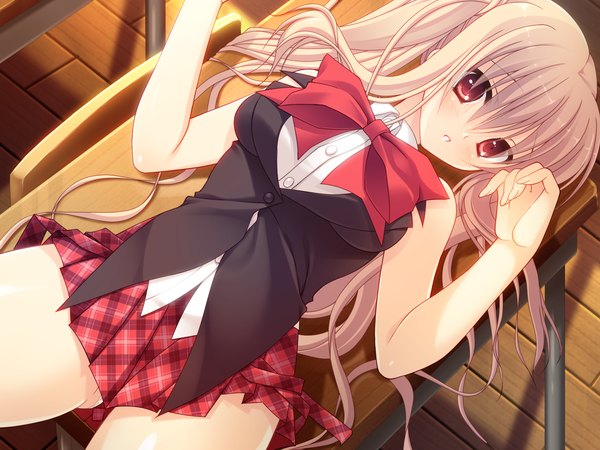 Anime picture 1600x1200 with na kanojo ga inaka seikatsu o mankitsu suru himitsu no houhou arisugawa riko hazumi rio long hair blonde hair red eyes game cg girl skirt uniform school uniform miniskirt bowtie