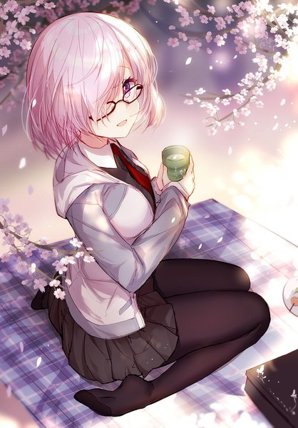 Anime picture 800x1148 with fate (series) fate/grand order mash kyrielight bison cangshu single tall image looking at viewer fringe short hair open mouth sitting purple eyes holding pink hair :d pleated skirt light smile from above hair over one eye no shoes