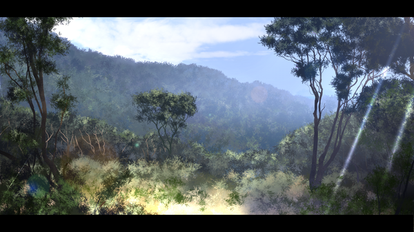 Anime picture 1920x1080 with original tsuruzen highres wide image sunlight no people landscape sunbeam nature plant (plants) tree (trees) forest