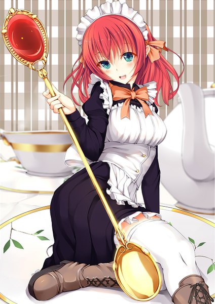Anime picture 870x1230 with original kasappi single long hair tall image blush fringe open mouth blue eyes smile red eyes sitting bent knee (knees) maid lacing girl thighhighs uniform bow hair bow