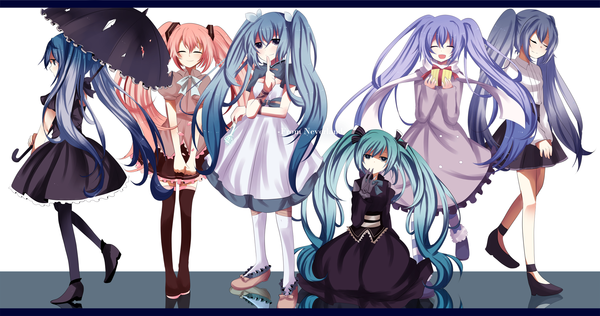 Anime picture 2000x1054 with vocaloid hatsune miku sakura miku cha (cha5903) long hair blush highres blue eyes smile wide image twintails multiple girls blue hair pink hair eyes closed aqua hair 6+ girls 6 girls multiple persona girl