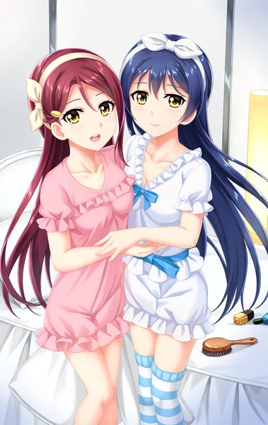 Anime picture 1000x1580 with love live! school idol project love live! sunshine!! sunrise (studio) love live! sakurauchi riko sonoda umi tucana long hair tall image looking at viewer blush fringe open mouth smile hair between eyes standing multiple girls yellow eyes blue hair red hair