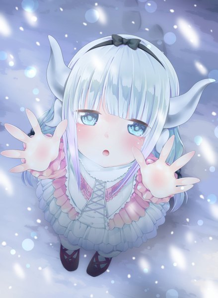 Anime picture 595x813 with kobayashi-san chi no maidragon kyoto animation kanna kamui himawarino-tane single long hair tall image looking at viewer blush fringe open mouth blue eyes payot silver hair full body outdoors blunt bangs horn (horns) from above snowing