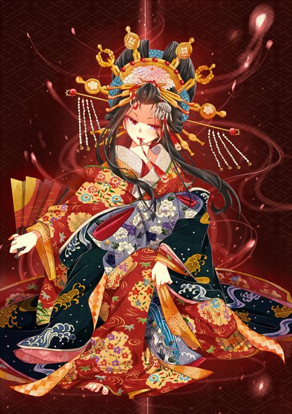 Anime picture 810x1145 with original nekozuki yuki single long hair tall image blush black hair holding traditional clothes japanese clothes pink eyes barefoot mouth hold floral print squat girl hair ornament petals headdress kimono