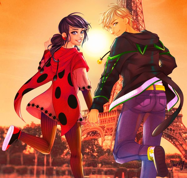 Anime picture 1280x1223 with miraculous ladybug marinette cheng adrien agreste meshy-mesh long hair looking at viewer fringe short hair blonde hair smile twintails green eyes signed yellow eyes purple hair bent knee (knees) looking back from behind open jacket couple