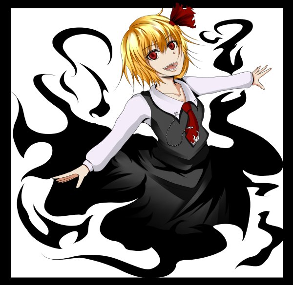 Anime picture 1200x1170 with touhou rumia shiromamekei (artist) single short hair open mouth blonde hair simple background red eyes white background teeth fang (fangs) girl dress necktie