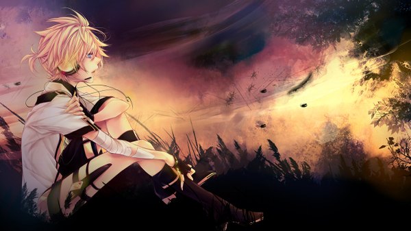 Anime picture 1200x675 with vocaloid kagamine len ln single short hair blue eyes blonde hair wide image sitting ponytail evening sunset weapon shorts boots headphones fingerless gloves thigh boots bandage (bandages) t-shirt