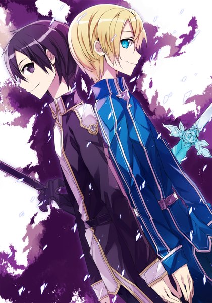 Anime picture 840x1200 with sword art online a-1 pictures kirigaya kazuto eugeo (sao) jianmo sl tall image short hair blue eyes black hair blonde hair smile looking away profile black eyes multiple boys back to back boy weapon sword 2 boys