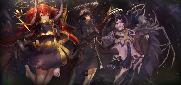 Anime picture 2575x1214 with original hxxg long hair looking at viewer highres breasts black hair red eyes wide image standing multiple girls yellow eyes blue hair silver hair bent knee (knees) red hair one eye closed barefoot hair flower horn (horns)