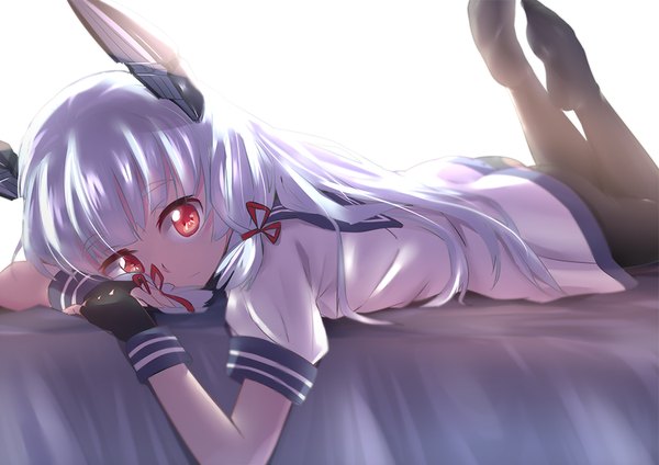 Anime picture 900x636 with kantai collection murakumo destroyer caibao single long hair fringe red eyes looking away silver hair bent knee (knees) lying blunt bangs no shoes on stomach tress ribbon girl gloves uniform ribbon (ribbons) hair ribbon