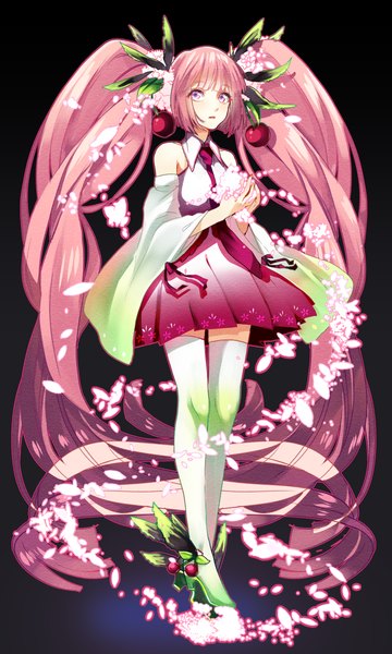 Anime picture 1080x1800 with vocaloid hatsune miku sakura miku taneko (puua) single tall image looking at viewer twintails pink hair very long hair pink eyes girl skirt detached sleeves miniskirt earrings shirt petals necktie food