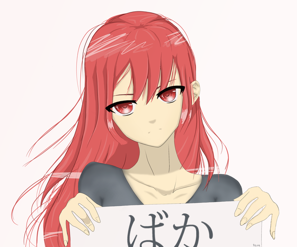 Anime picture 2600x2160 with original sv0n single long hair looking at viewer fringe highres red eyes holding signed red hair inscription gradient background pink background girl paper