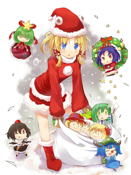 Anime picture 750x1000 with touhou mountain of faith kochiya sanae shameimaru aya inubashiri momiji moriya suwako kagiyama hina kawashiro nitori yasaka kanako aki minoriko aki shizuha efe tall image short hair blue eyes blonde hair red eyes multiple girls green eyes blue hair