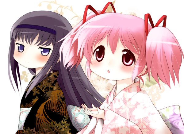 Anime picture 1850x1350 with mahou shoujo madoka magica shaft (studio) akemi homura kaname madoka yume shokunin long hair blush highres short hair black hair red eyes purple eyes multiple girls pink hair japanese clothes girl 2 girls kimono