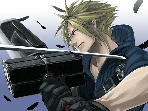 Anime picture 1024x768 with final fantasy vii advent children final fantasy final fantasy vii square enix cloud strife er-mint blonde hair boy gloves sword feather (feathers) huge weapon huge sword