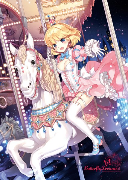 Anime picture 784x1100 with original nardack single tall image short hair open mouth blonde hair sitting pink eyes night spread arms girl thighhighs dress white thighhighs frills crown horse carousel