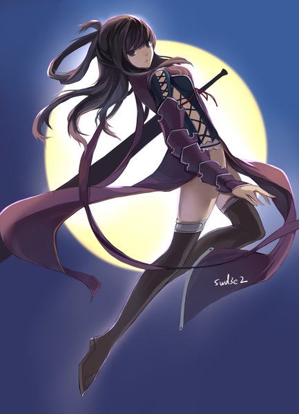 Anime picture 1535x2125 with eiyuu densetsu rixia mao swd3e2 single long hair tall image looking at viewer black hair black eyes night girl weapon sword moon thigh boots