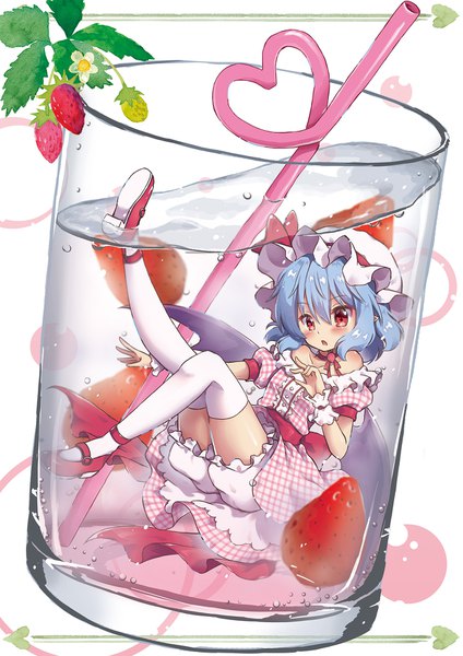 Anime picture 1240x1754 with touhou remilia scarlet beni kurage single tall image looking at viewer fringe short hair hair between eyes red eyes white background blue hair full body pointy ears off shoulder :o short sleeves alternate costume puffy sleeves underwater