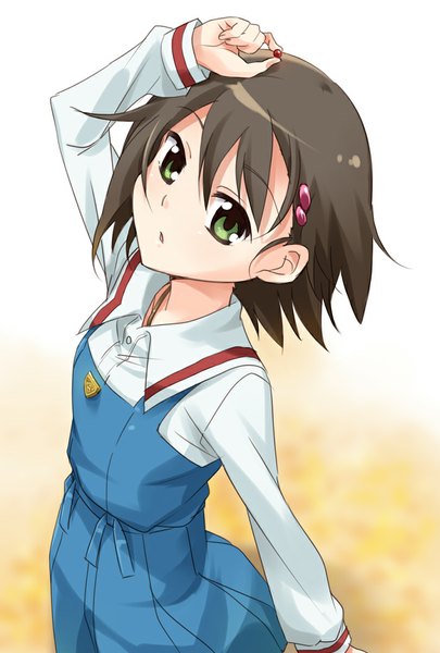 Anime picture 709x1049 with true tears isurugi noe mousou (mousou temporary) single tall image looking at viewer short hair open mouth brown hair green eyes from above hand on head girl uniform hair ornament school uniform food sweets hairclip candy