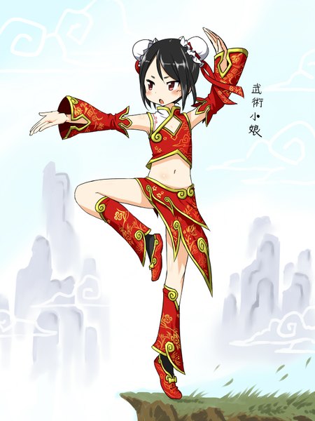 Anime picture 1200x1600 with original zaxwu single tall image short hair open mouth black hair brown eyes cloud (clouds) wind hieroglyph chinese clothes mountain girl navel ribbon (ribbons) plant (plants) grass