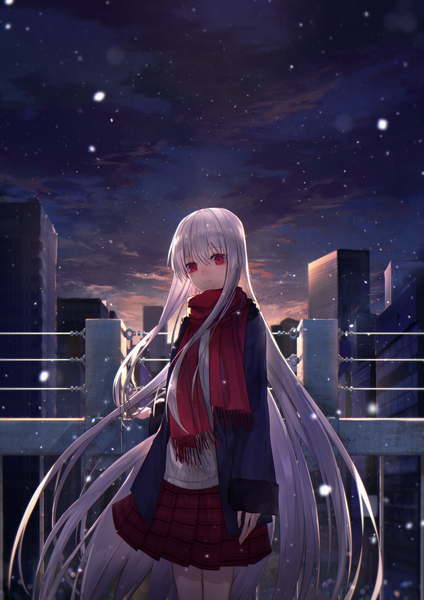 Anime picture 1414x2000 with original eisuto single tall image looking at viewer blush fringe hair between eyes red eyes standing payot silver hair cloud (clouds) outdoors very long hair parted lips pleated skirt night night sky city