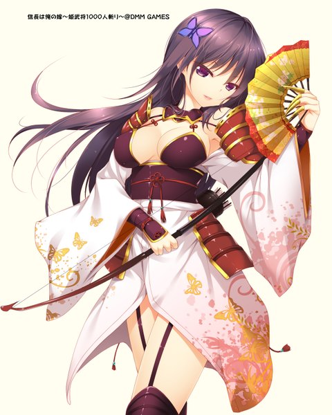Anime picture 1240x1550 with original shokuyou mogura single long hair tall image looking at viewer breasts light erotic black hair white background purple eyes traditional clothes girl hair ornament weapon fan butterfly hair ornament bow (weapon)