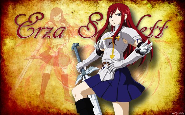 Anime picture 1680x1050 with fairy tail erza scarlet long hair wide image brown eyes red hair inscription tattoo hand on hip framed zoom layer girl skirt earrings sword armor