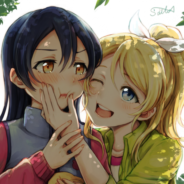 Anime picture 1032x1032 with love live! school idol project sunrise (studio) love live! ayase eli sonoda umi lilylion26 long hair blush fringe open mouth blue eyes blonde hair simple background hair between eyes white background multiple girls brown eyes signed payot blue hair