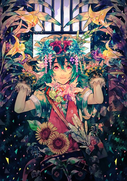 Anime picture 1447x2046 with original pantsumoriko single long hair tall image looking at viewer sky cloud (clouds) pink eyes green hair light smile inscription girl flower (flowers) plant (plants) hat glasses belt headdress window