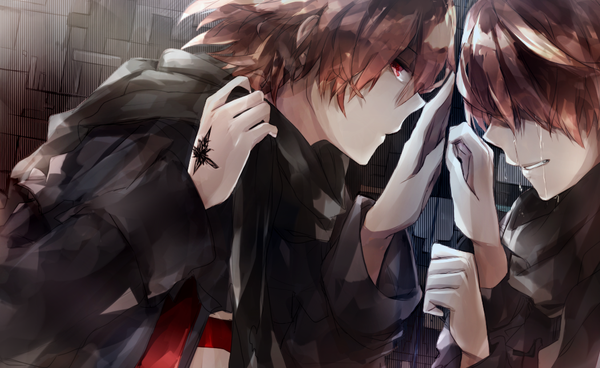 Anime picture 1051x646 with guilty crown production i.g ouma shu daenarys daekiri fringe short hair red eyes brown hair wide image hair over one eye tattoo tears crying dual persona boy scarf